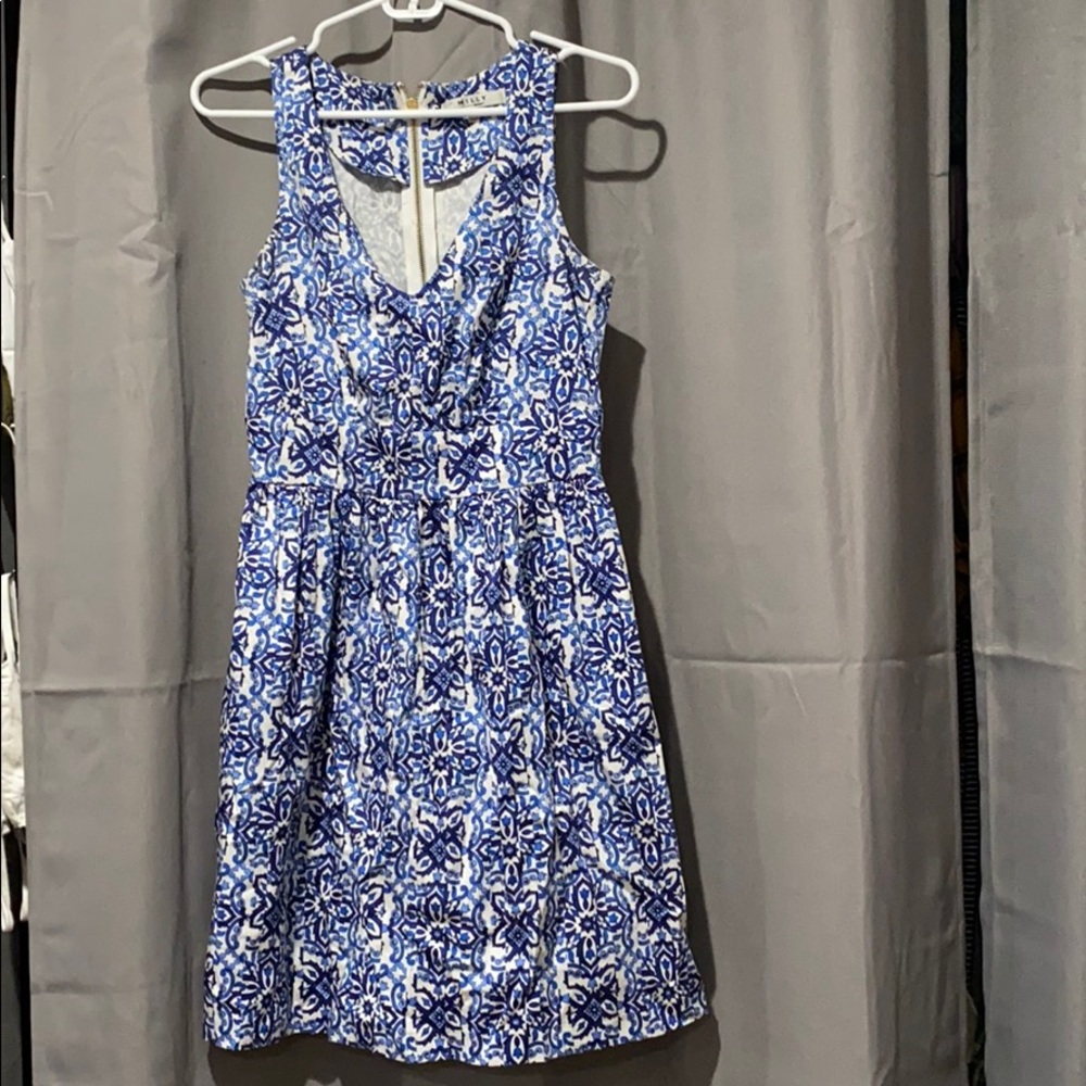 Blue patterned fit and flare dress